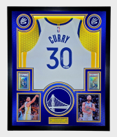 Stephen Curry Signed Warriors Custom Framed Nike Jersey with LED Display & (2) PSA 10 Graded Cards (JSA) at PristineAuction.com