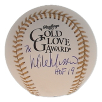 Mike Mussina Signed Gold Glove Award Logo Baseball Inscribed "7x" & "HOF 19" (JSA) at PristineAuction.com