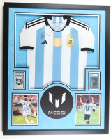 Lionel Messi Signed Argentina National Team Custom Framed Jersey Display & (2) PSA Graded Cards (Beckett) at PristineAuction.com