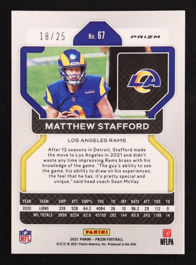 Matthew Stafford 2021 Panini Prizm Prizms Blue Shimmer #67 #18/25 at PristineAuction.com Matthew Stafford 2021 Panini Prizm Prizms Blue Shimmer #67 #18/25 at PristineAuction.com
