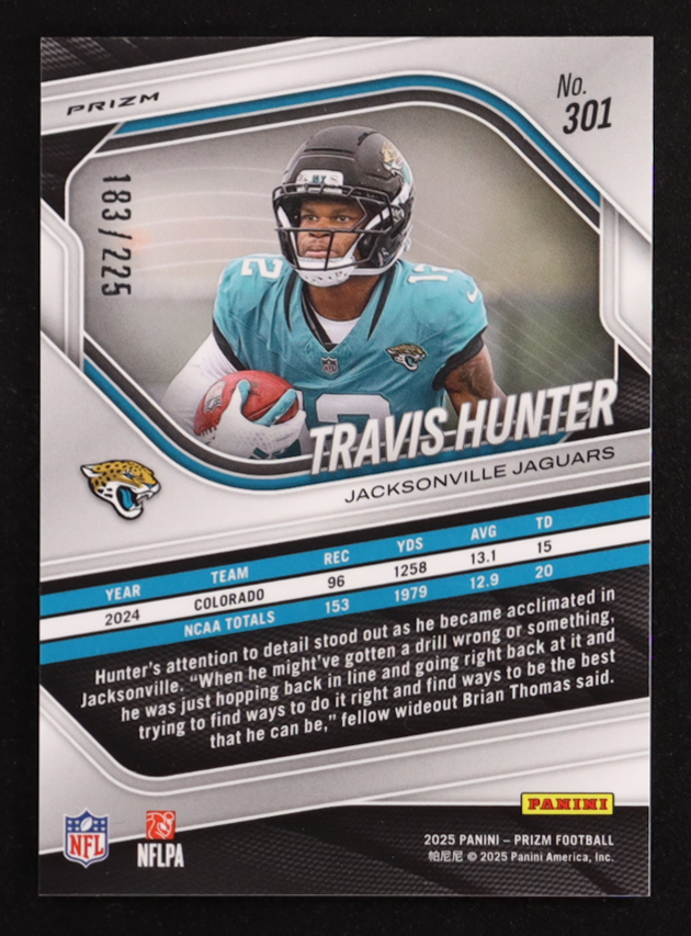 Travis Hunter 2025 Panini Prizm Prizms Purple Ice #301 #183/225 RC at PristineAuction.com Travis Hunter 2025 Panini Prizm Prizms Purple Ice #301 #183/225 RC at PristineAuction.com