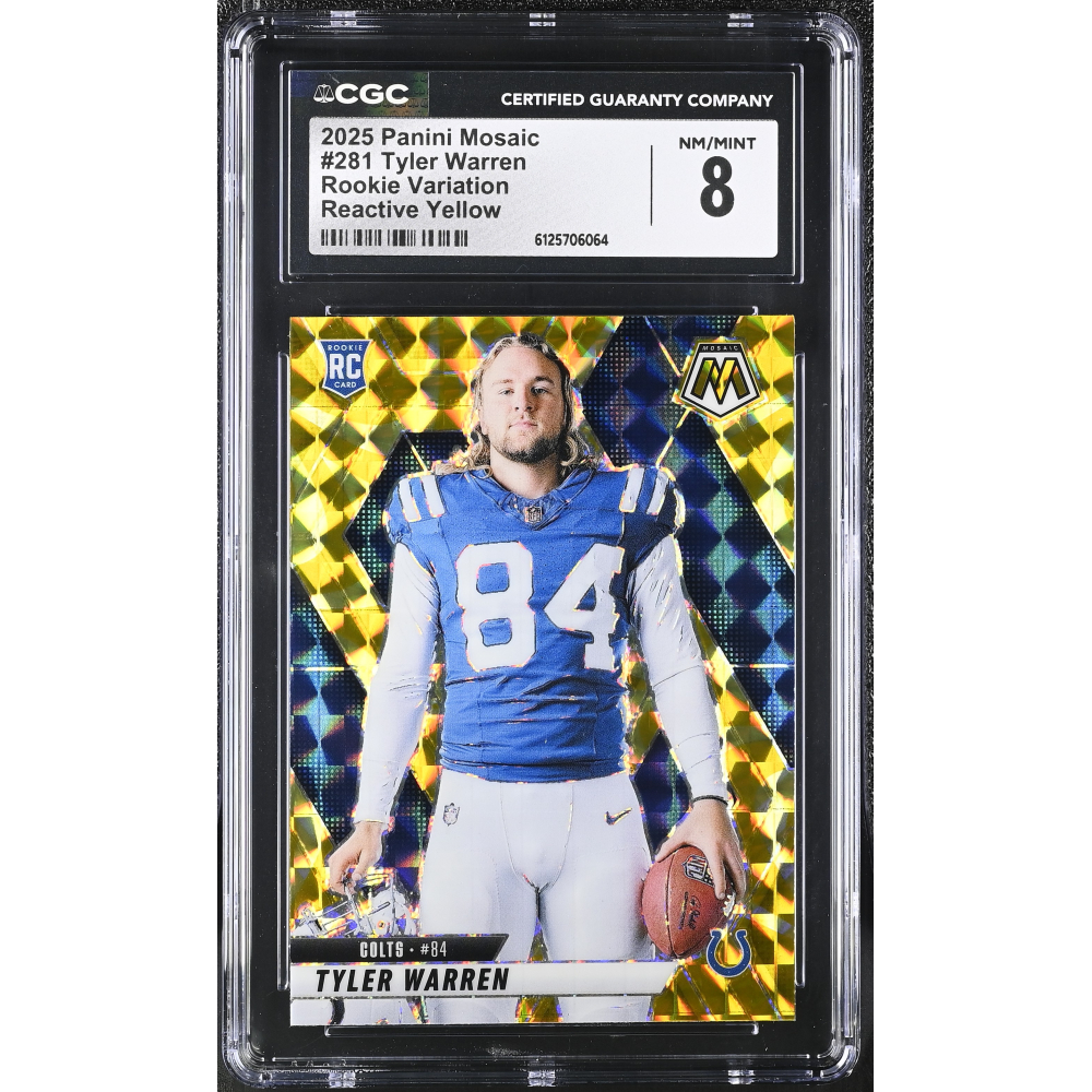 Tyler Warren 2025 Panini Mosaic Rookie Variation Reactive Yellow #281 RC (CGC 8) at PristineAuction.com