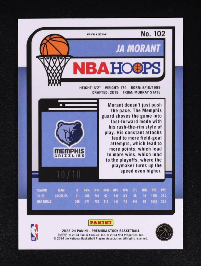 Ja Morant 2023-24 Hoops Premium Stock Gold Ice Prizm #102 #10/10 at PristineAuction.com Ja Morant 2023-24 Hoops Premium Stock Gold Ice Prizm #102 #10/10 at PristineAuction.com