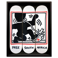 "Free South Africa" Custom Framed Skateboard Triptych by Keith Haring (Artova) at PristineAuction.com