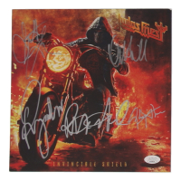 Judas Priest "Invincible Shield" 10x10 Album Flat Band-Signed by (5) Rob Halford, K.K. Downing, Ian Hill, Glenn Topton, and Dave Holland (Beckett) at PristineAuction.com