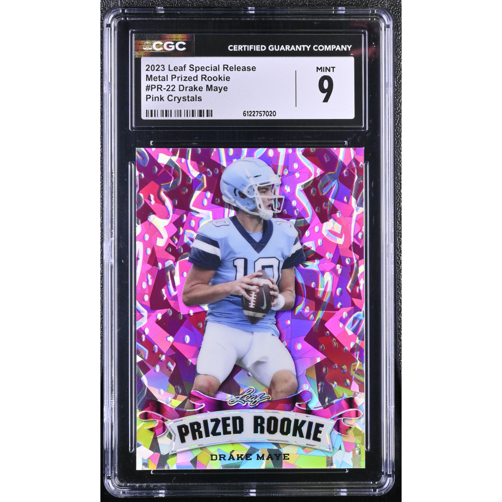 Drake Maye 2023 Leaf Special Release Metal Prized Rookie Pink Crystals #PR-22 #4/10 (CGC 9) at PristineAuction.com