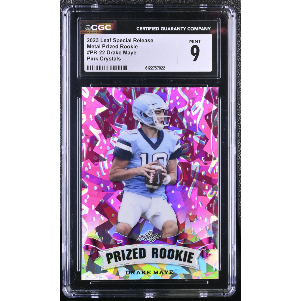 Drake Maye 2023 Leaf Special Release Metal Prized Rookie Pink Crystals #PR-22 #6/10 (CGC 9) at PristineAuction.com