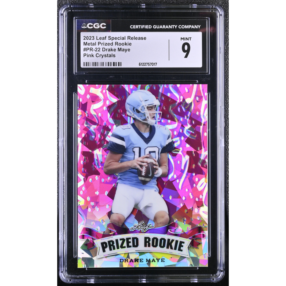 Drake Maye 2023 Leaf Special Release Metal Prized Rookie Pink Crystals #PR-22 #1/10 (CGC 9) at PristineAuction.com