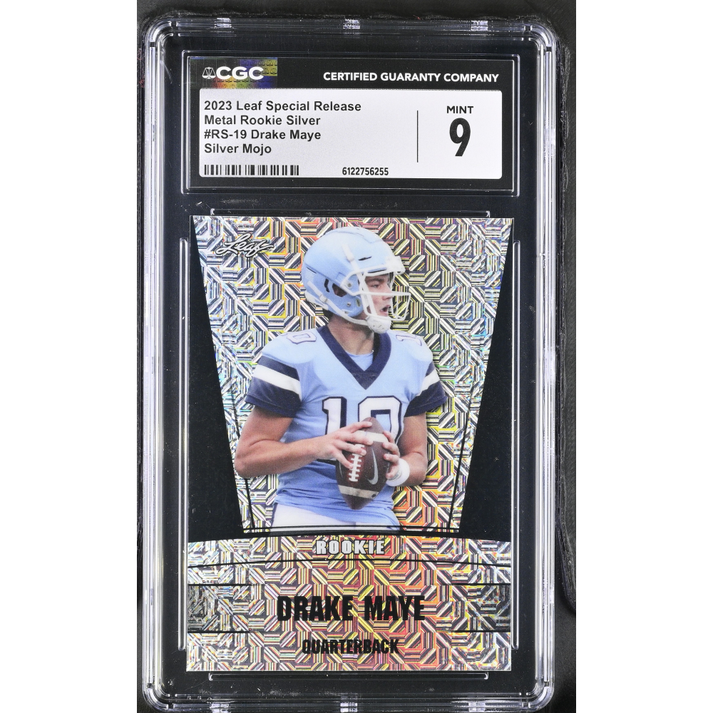 Drake Maye 2023 Leaf Special Release Metal Rookie Silver Silver Mojo #RS-19 #4/7 (CGC 9) at PristineAuction.com