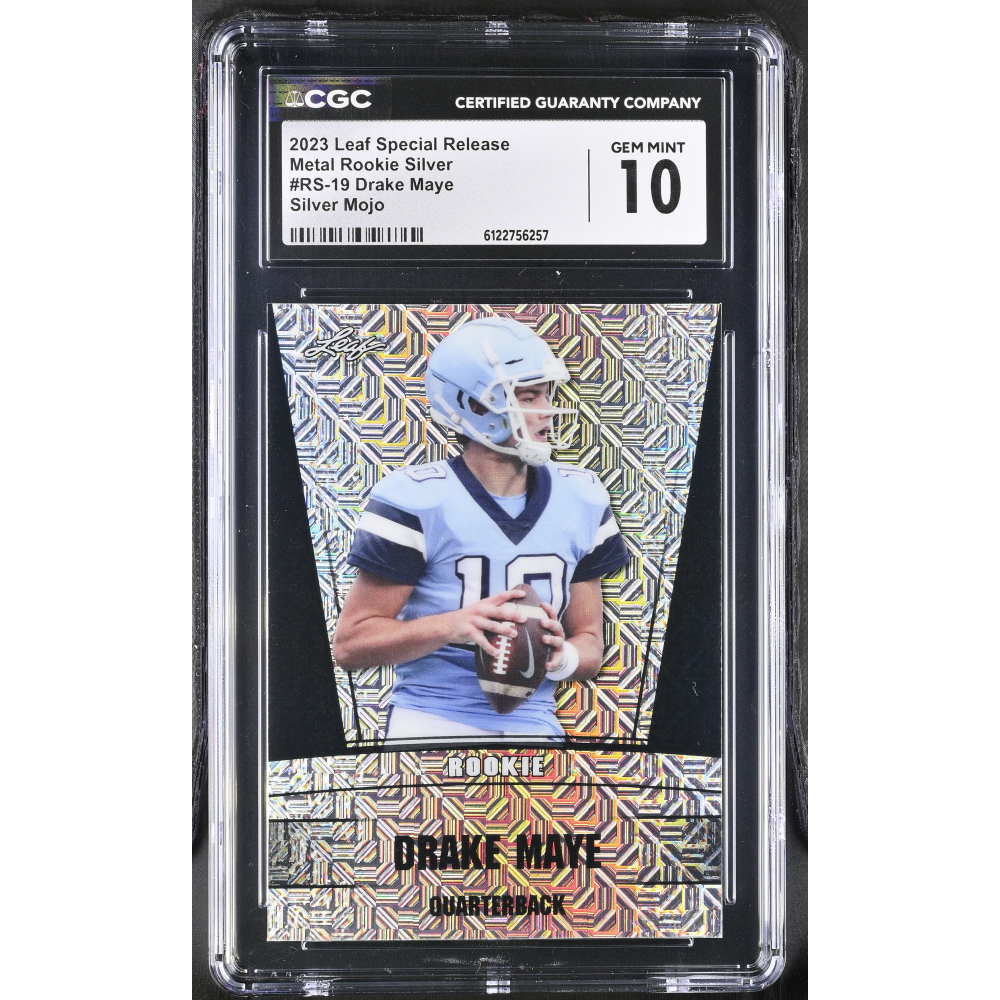 Drake Maye 2023 Leaf Special Release Metal Rookie Silver Silver Mojo #RS-19 #6/7 (CGC 10) at PristineAuction.com