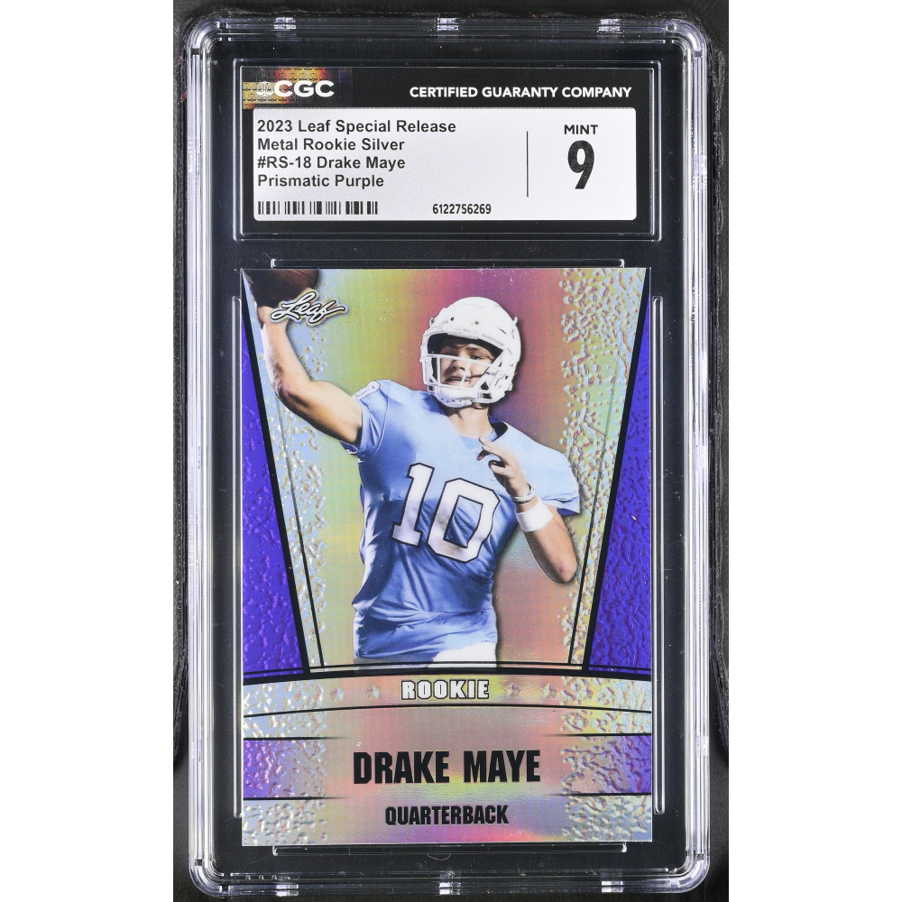 Drake Maye 2023 Leaf Special Release Metal Rookie Silver Prismatic Purple #RS-18 #5/15 (CGC 9) at PristineAuction.com