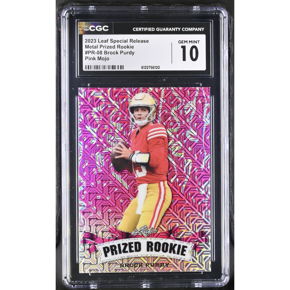 Brock Purdy 2023 Leaf Special Release Metal Prized Rookie Pink Mojo #PR-08 #2/10 (CGC 10) at PristineAuction.com