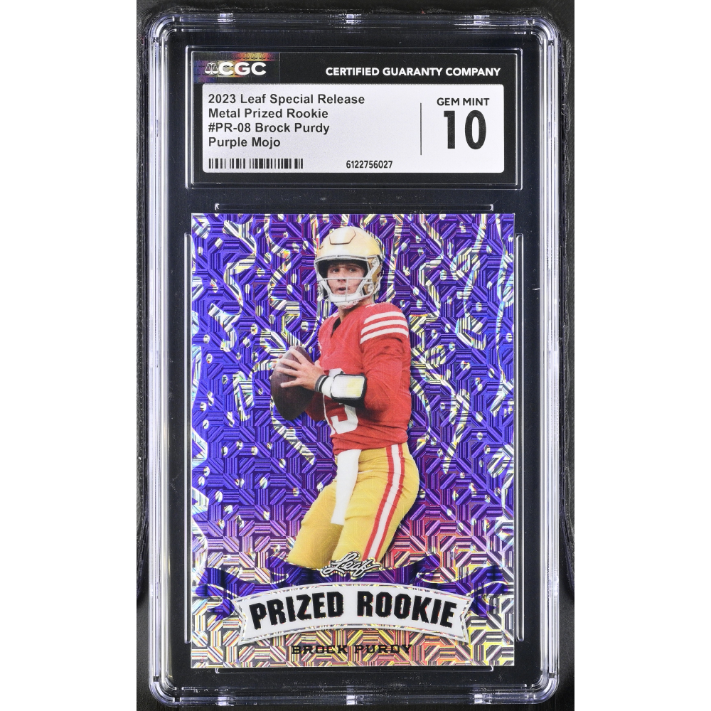 Brock Purdy 2023 Leaf Special Release Metal Prized Rookie Purple Mojo #PR-08 #15/15 (CGC 10) at PristineAuction.com