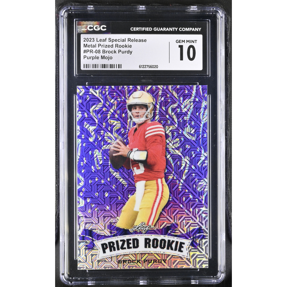 Brock Purdy 2023 Leaf Special Release Metal Prized Rookie Purple Mojo #PR-08 #2/15 (CGC 10) at PristineAuction.com