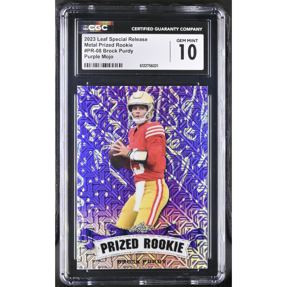 Brock Purdy 2023 Leaf Special Release Metal Prized Rookie Purple Mojo #PR-08 #6/15 (CGC 10) at PristineAuction.com