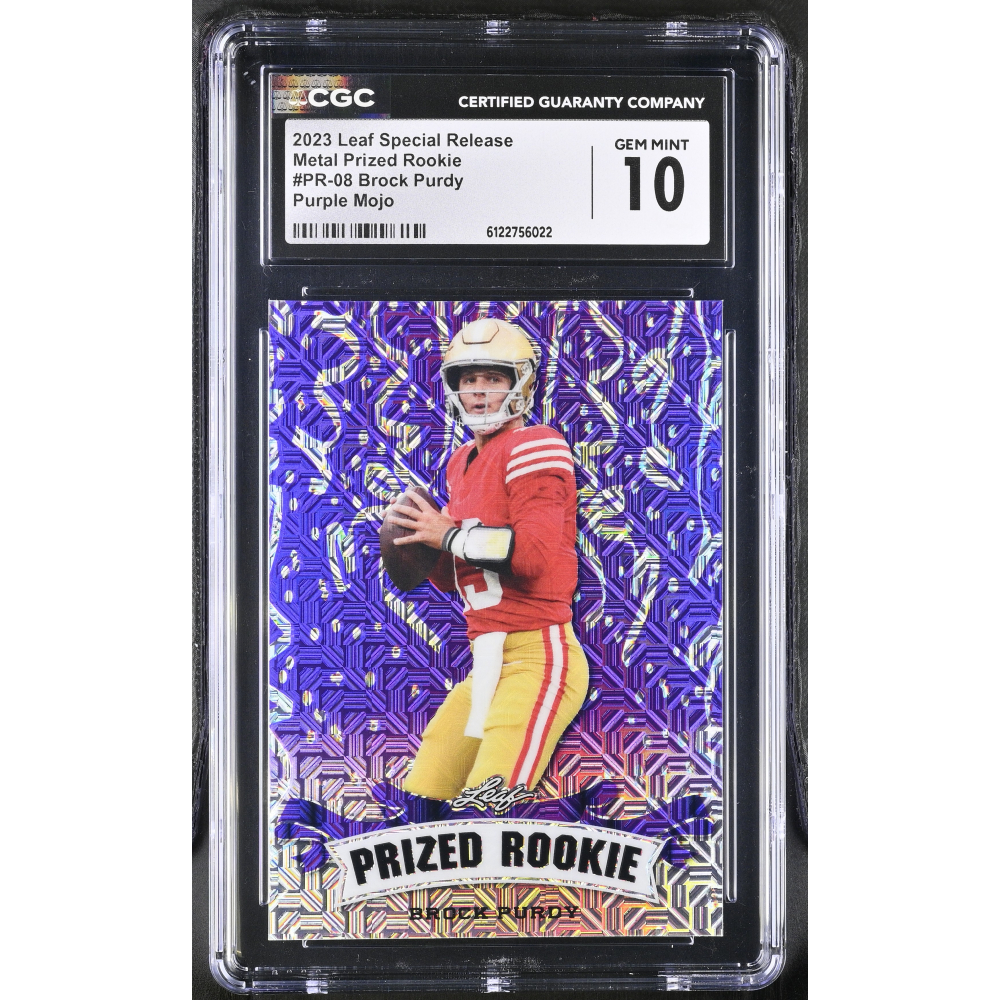 Brock Purdy 2023 Leaf Special Release Metal Prized Rookie Purple Mojo #PR-08 #5/15 (CGC 10) at PristineAuction.com
