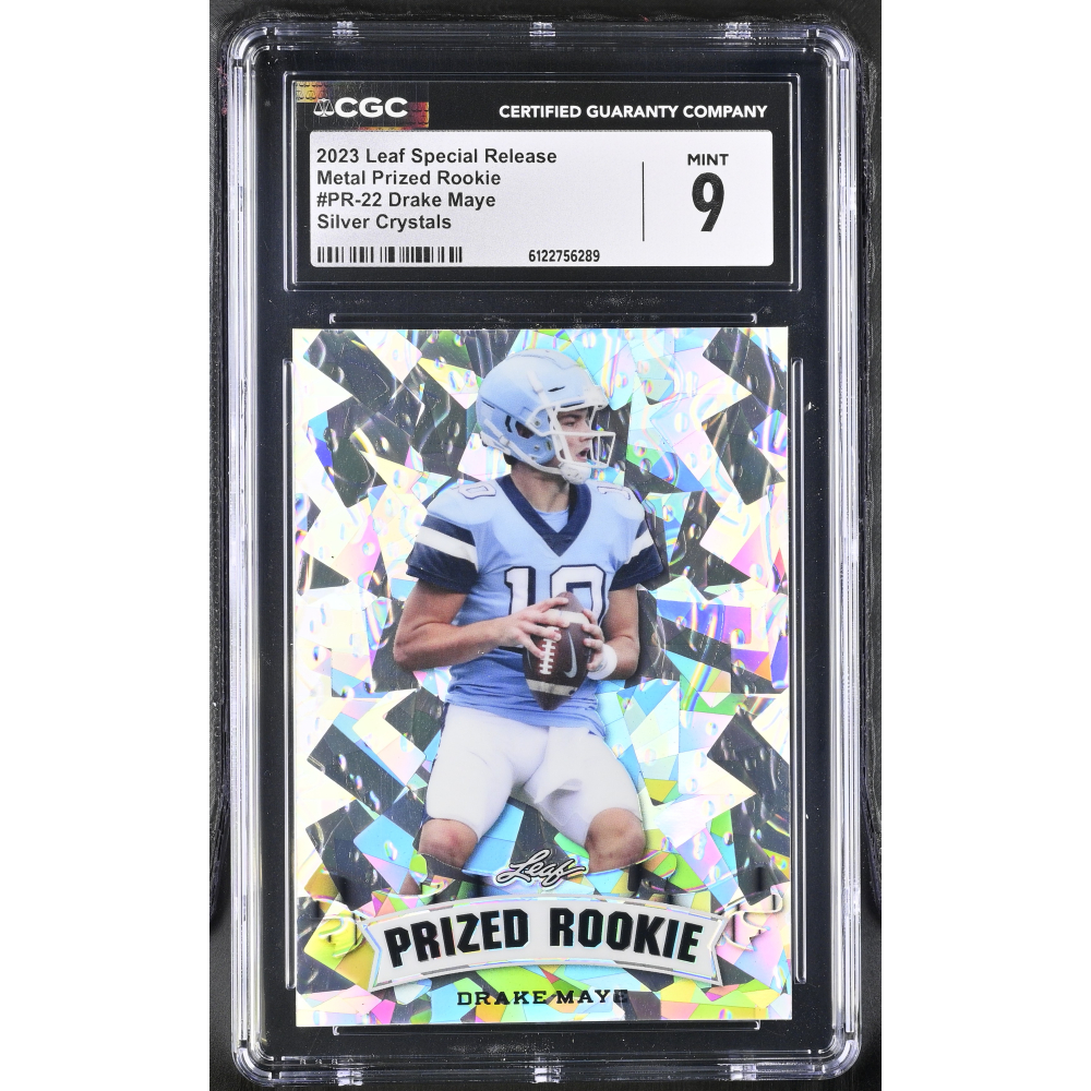 Drake Maye 2023 Leaf Special Release Metal Prized Rookie Silver Crystals #PR-22 #23/25 (CGC 9) at PristineAuction.com