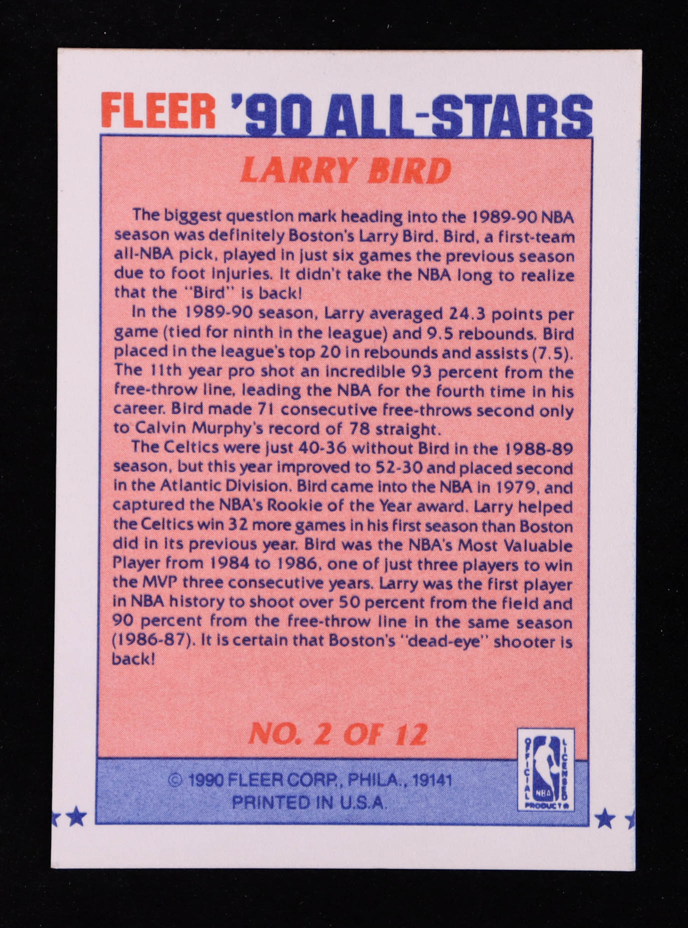 Larry Bird 1990-91 Fleer All-Stars #2 at PristineAuction.com Larry Bird 1990-91 Fleer All-Stars #2 at PristineAuction.com