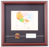 1969 Disneyland Custom Framed Vintage On-Site Park Map Display with 1955 Disneyland Pin & Employee Uniform Tag at PristineAuction.com