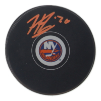 Hudson Fasching Signed Islanders Logo Hockey Puck (JSA) at PristineAuction.com