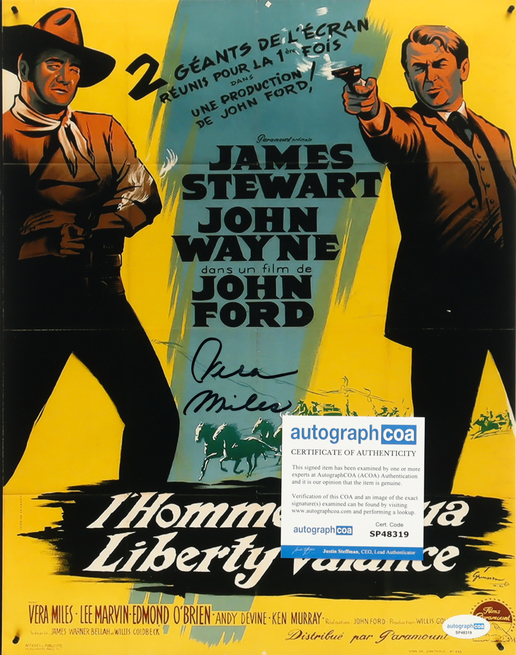 Vera Miles Signed "The Man Who Shot Liberty Valance" 11x14 French Movie Poster Photo (ACOA) at PristineAuction.com Vera Miles Signed "The Man Who Shot Liberty Valance" 11x14 French Movie Poster Photo (ACOA) at PristineAuction.com