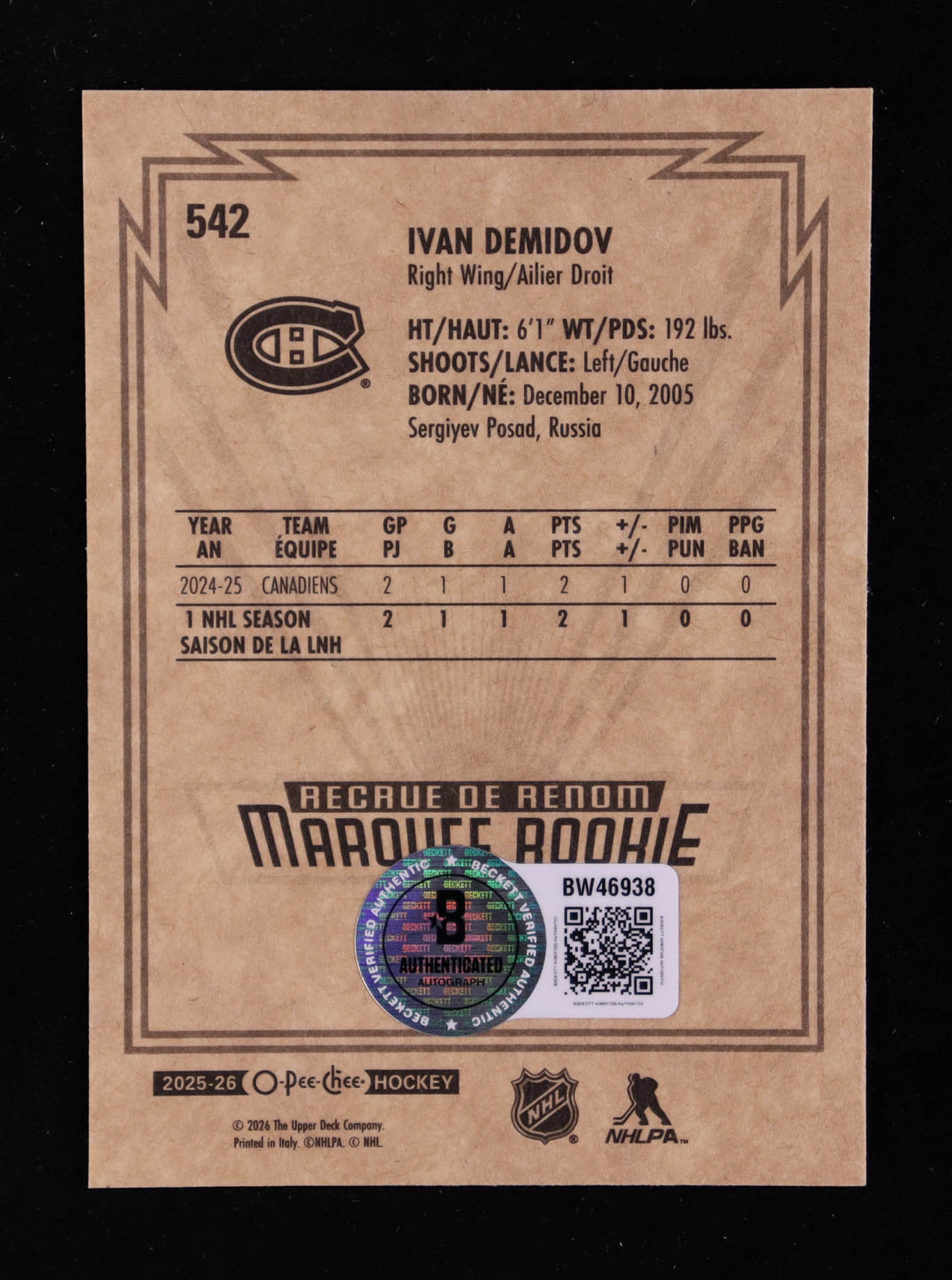 Ivan Demidov 2025-26 O-Pee-Chee Retro #542 RC (Beckett) at PristineAuction.com Ivan Demidov 2025-26 O-Pee-Chee Retro #542 RC (Beckett) at PristineAuction.com