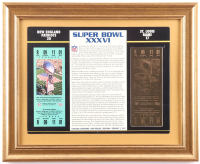 Super Bowl XXXVI Commemorative Score Card with 23KT Gold Ticket Framed Display With Stat Card at PristineAuction.com