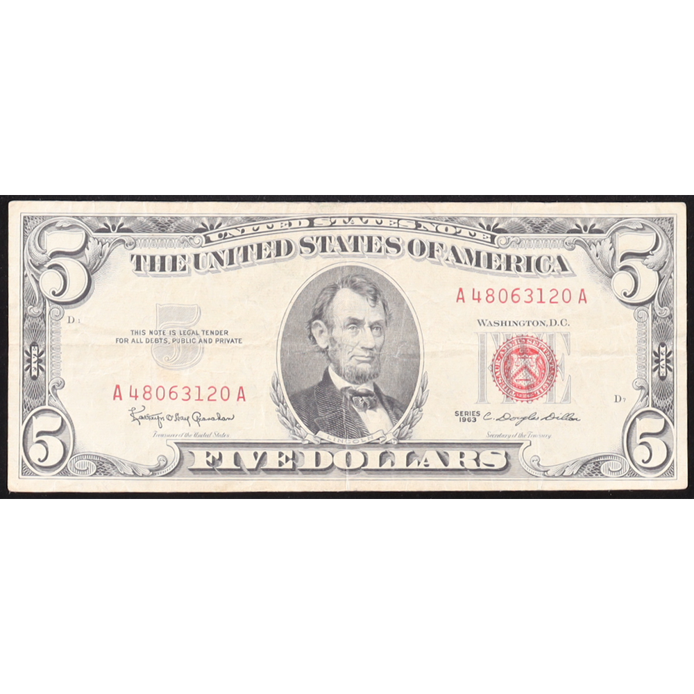 1963 U.S. $5 Legal Tender Note, Red Seal - Fr. 1536 (AA Bleck) Signed: Granahan / Dillon at PristineAuction.com
