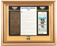 Super Bowl IX Commemorative Score Card with 23KT Gold Ticket Framed Display With Matching Super Bowl Pin at PristineAuction.com