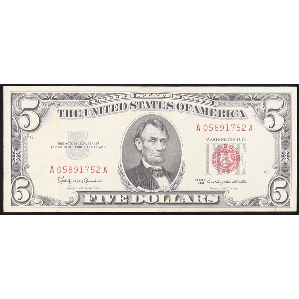 1963 U.S. $5 Legal Tender Note, Red Seal - Fr. 1536 (AA Bleck) Signed: Granahan / Dillon at PristineAuction.com