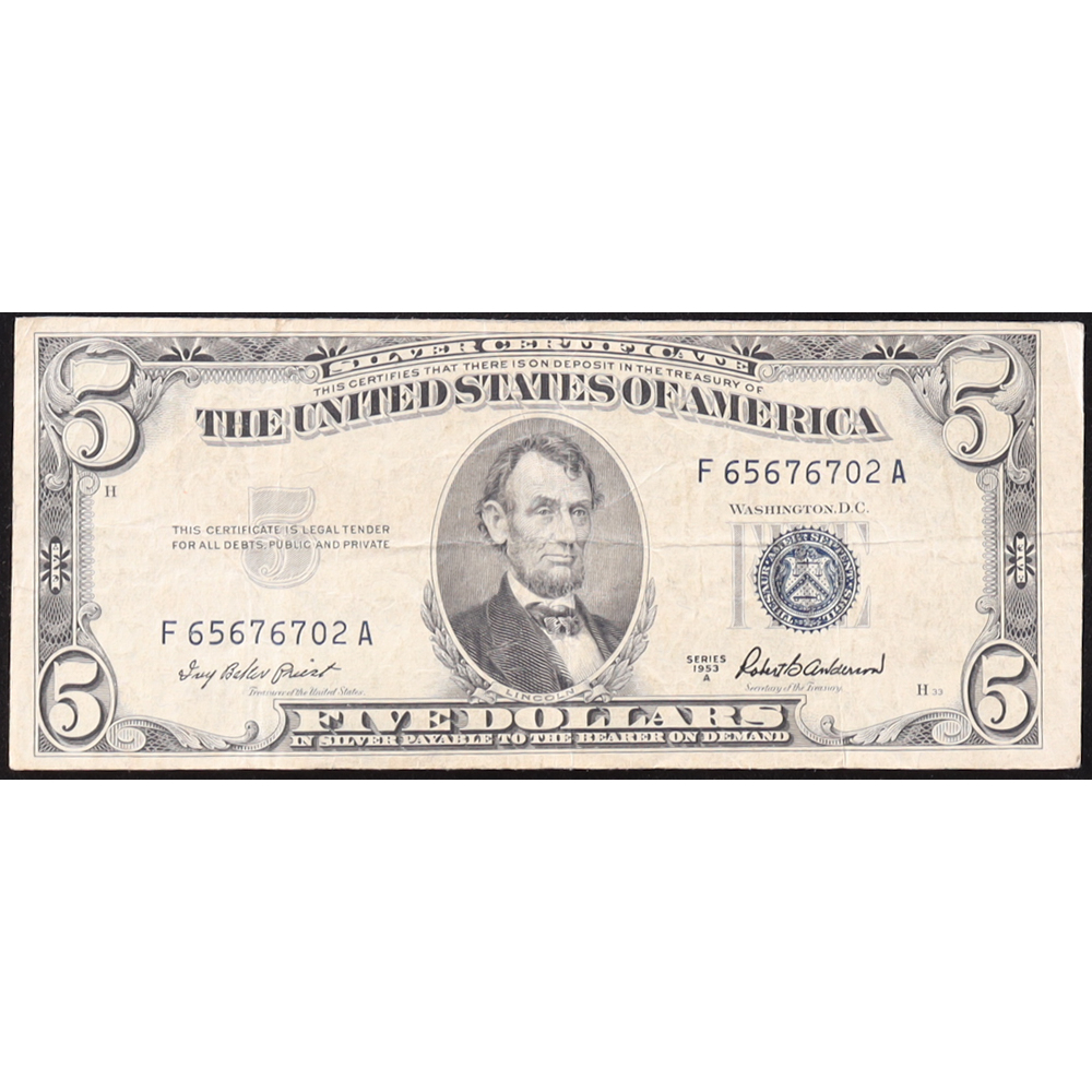 1953-A U.S. $5 Silver Certificate, Blue Seal - Fr. 1656 (FA Block) Signed: Priest / Anderson at PristineAuction.com