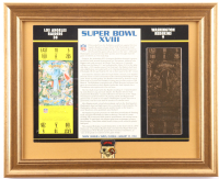 Super Bowl XVIII Commemorative Score Card with 23KT Gold Ticket Framed Display With Matching Super Bowl Pin at PristineAuction.com