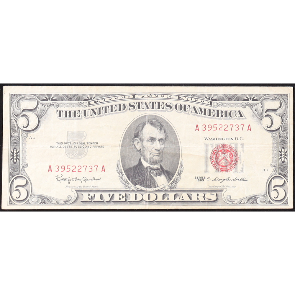1963 U.S. $5 Legal Tender Note, Red Seal - Fr. 1536 (AA Bleck) Signed: Granahan / Dillon at PristineAuction.com
