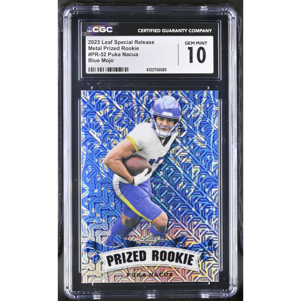 Puka Nacua 2023 Leaf Special Release Metal Prized Rookie Blue Mojo #PR-52 #4/20 RC (CGC 10) at PristineAuction.com