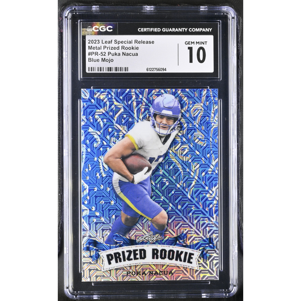 Puka Nacua 2023 Leaf Special Release Metal Prized Rookie Blue Mojo #PR-52 #15/20 RC (CGC 10) at PristineAuction.com