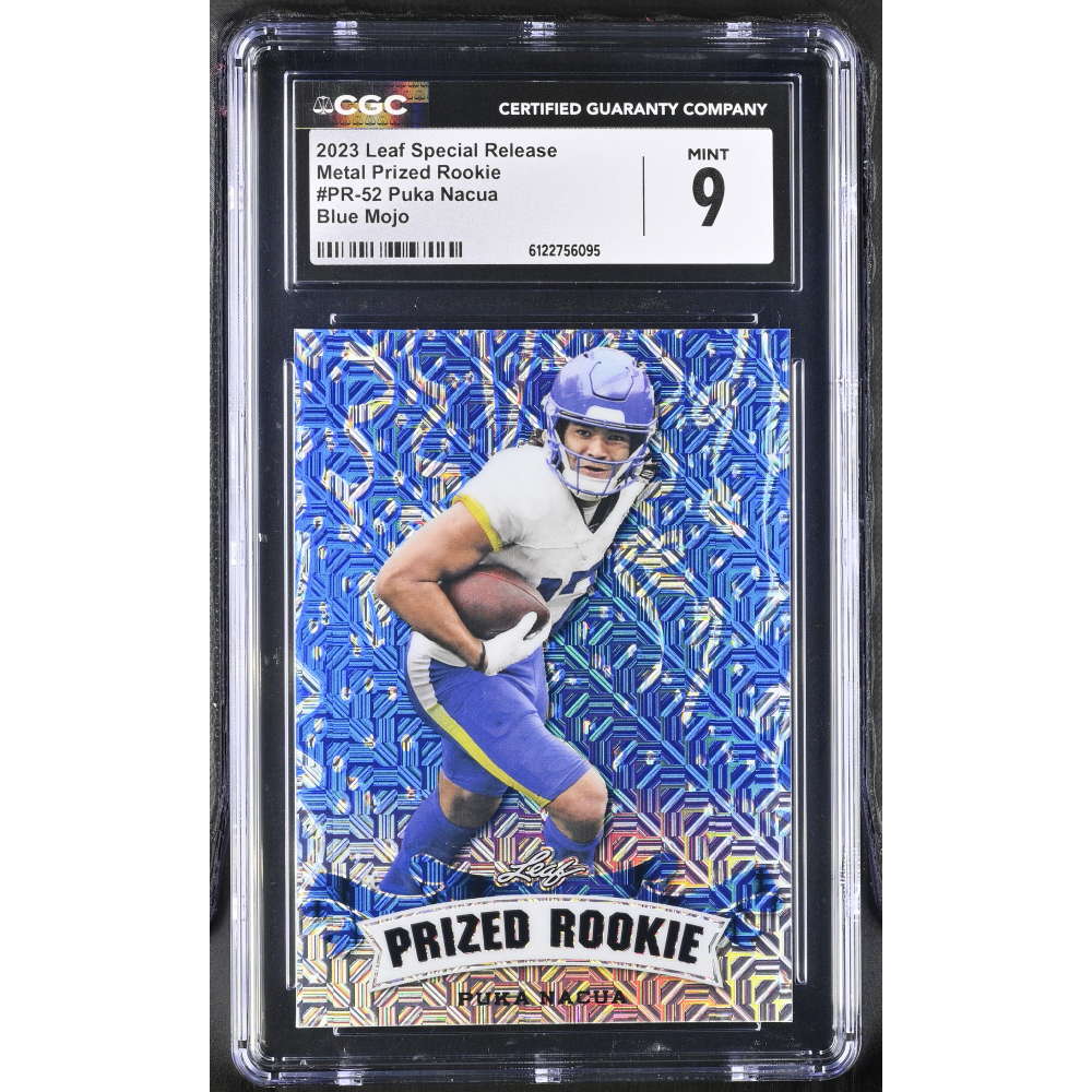 Puka Nacua 2023 Leaf Special Release Metal Prized Rookie Blue Mojo #PR-52 #16/20 RC (CGC 9) at PristineAuction.com
