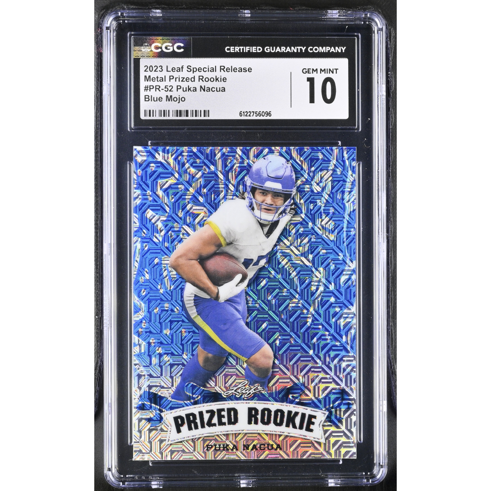 Puka Nacua 2023 Leaf Special Release Metal Prized Rookie Blue Mojo #PR-52 #17/20 RC (CGC 10) at PristineAuction.com