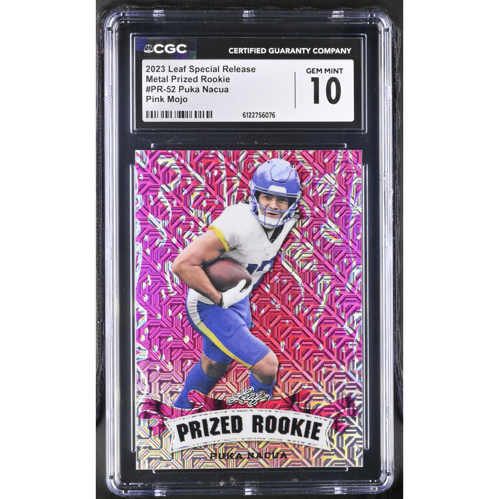 Puka Nacua 2023 Leaf Special Release Metal Prized Rookie Pink Mojo #PR-52 #9/10 RC (CGC 10) at PristineAuction.com