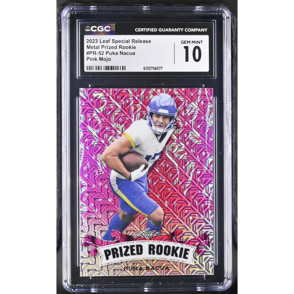 Puka Nacua 2023 Leaf Special Release Metal Prized Rookie Pink Mojo #PR-52 #10/10 RC (CGC 10) at PristineAuction.com