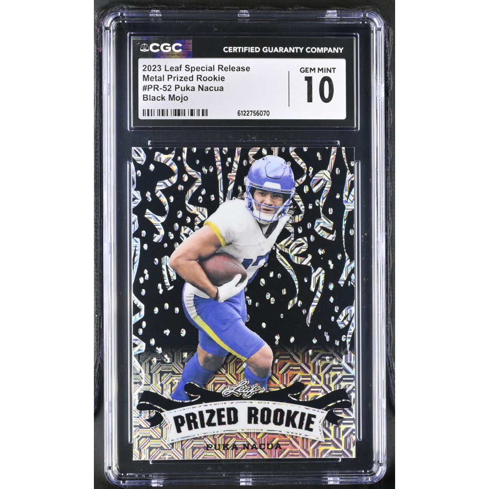 Puka Nacua 2023 Leaf Special Release Metal Prized Rookie Black Mojo #PR-52 #4/7 RC (CGC 10) at PristineAuction.com