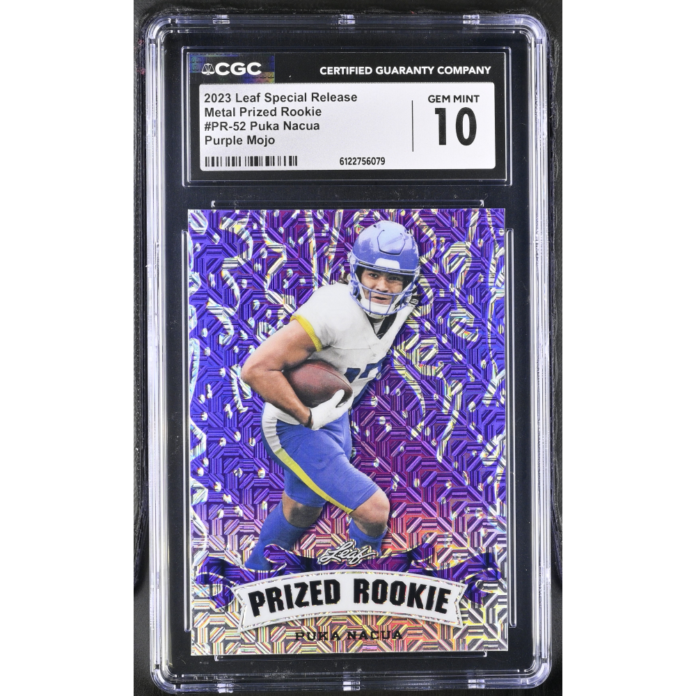 Puka Nacua 2023 Leaf Special Release Metal Prized Rookie Purple Mojo #PR-52 #3/15 RC (CGC 10) at PristineAuction.com