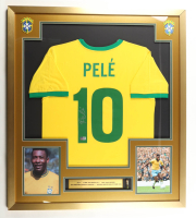 Pele Signed Custom Framed Jersey Display with Trophy Pin & Stat Plaque (Beckett) at PristineAuction.com