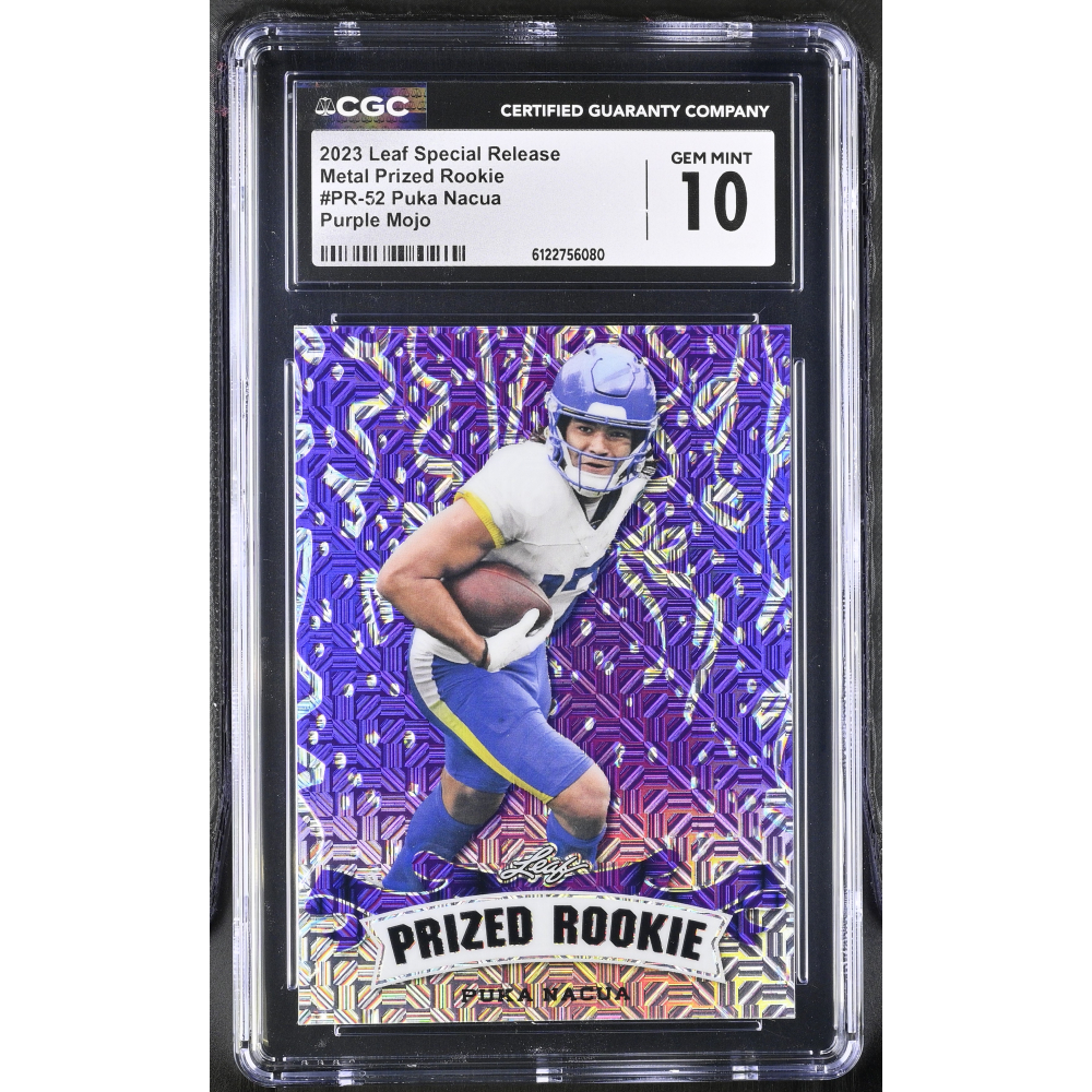 Puka Nacua 2023 Leaf Special Release Metal Prized Rookie Purple Mojo #PR-52 #7/15 RC (CGC 10) at PristineAuction.com