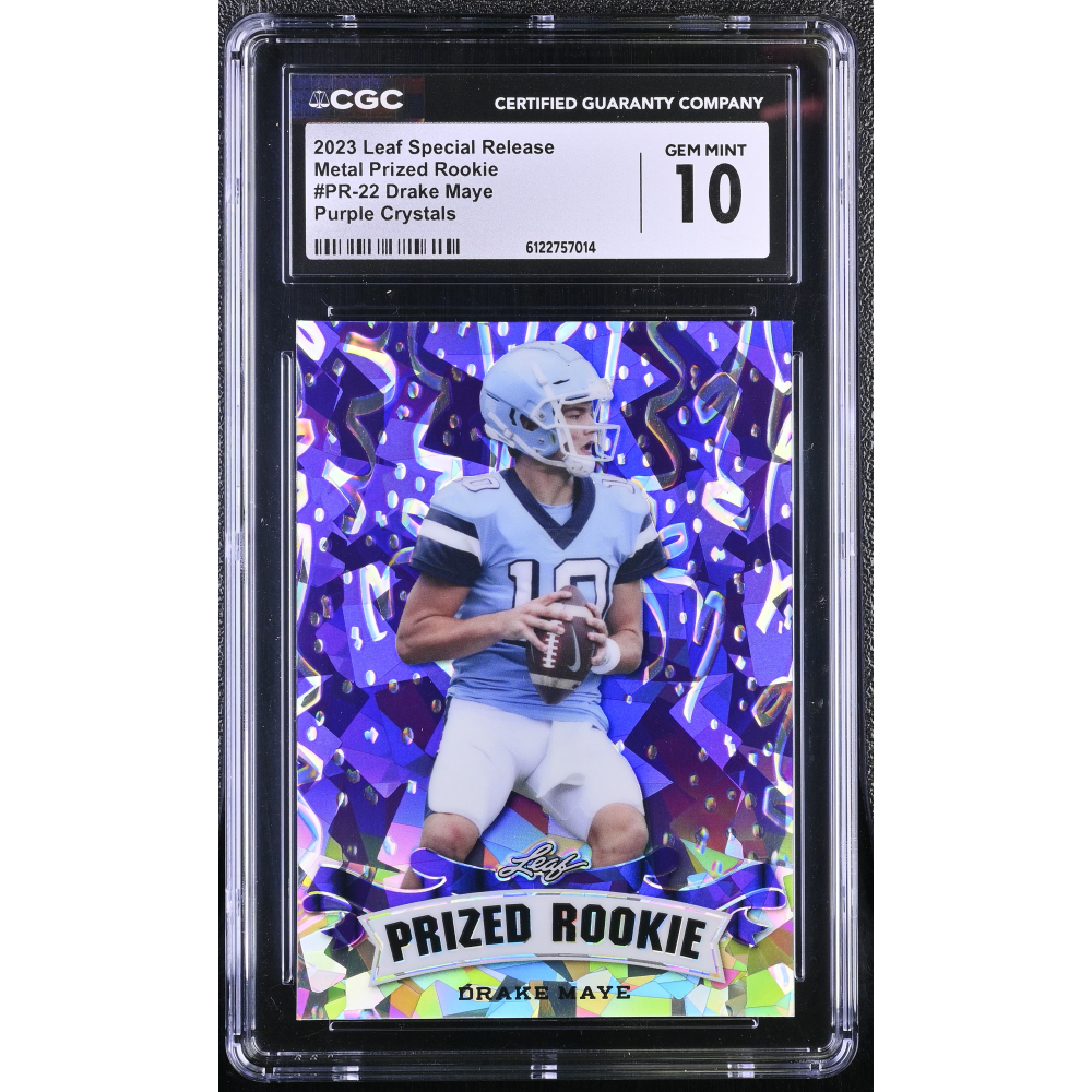 Drake Maye 2023 Leaf Special Release Metal Prized Rookie Purple Crystals #PR-22 #12/15 (CGC 10) at PristineAuction.com