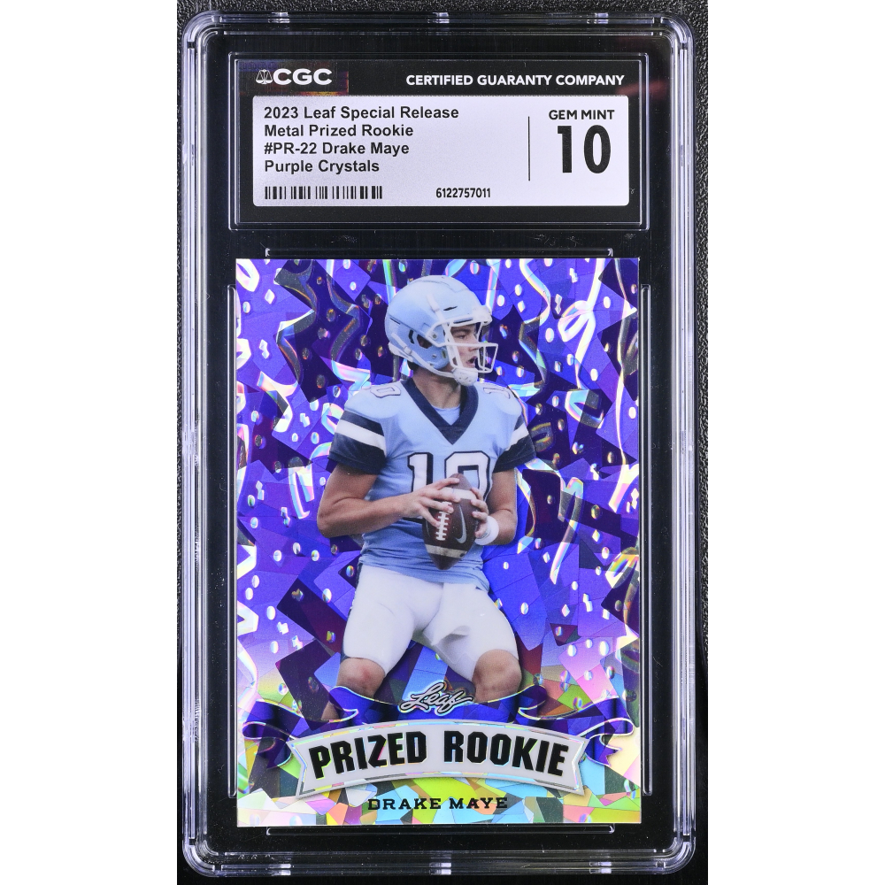 Drake Maye 2023 Leaf Special Release Metal Prized Rookie Purple Crystals #PR-22 #8/15 (CGC 10) at PristineAuction.com