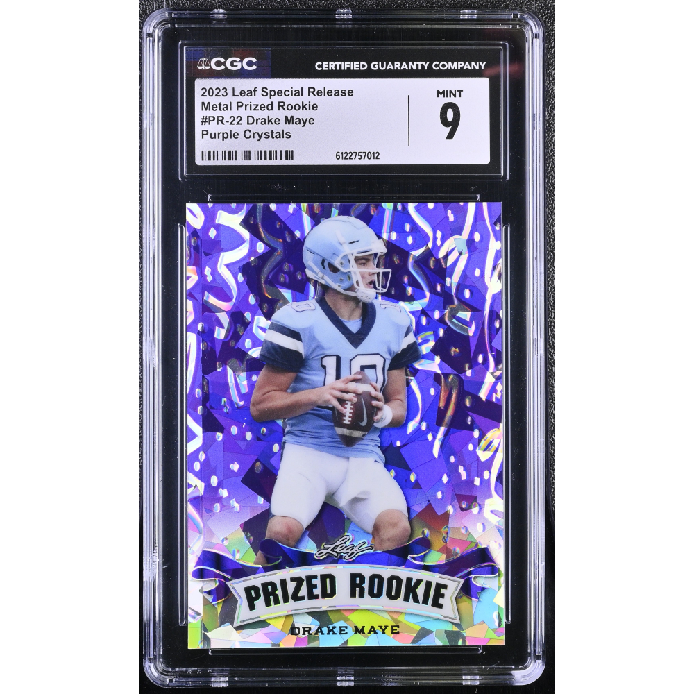 Drake Maye 2023 Leaf Special Release Metal Prized Rookie Purple Crystals #PR-22 #9/15 (CGC 9) at PristineAuction.com
