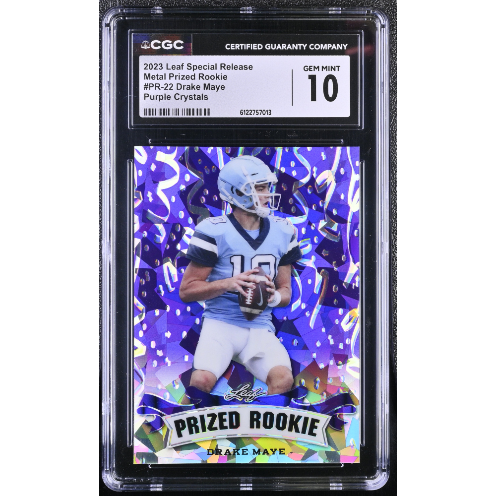Drake Maye 2023 Leaf Special Release Metal Prized Rookie Purple Crystals #PR-22 #11/15 (CGC 10) at PristineAuction.com