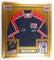 Larry Bird & Magic Johnson Signed Team USA Custom Framed Authentic Mitchell & Ness Warm-Up Shirt Display with Title Plaque (PSA & Beckett) at PristineAuction.com