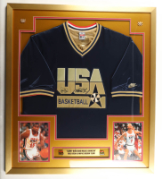 Larry Bird & Magic Johnson Signed Team USA Custom Framed Authentic Nike Warm-Up Shirt Display with Title Plaque (PSA & Beckett) at PristineAuction.com