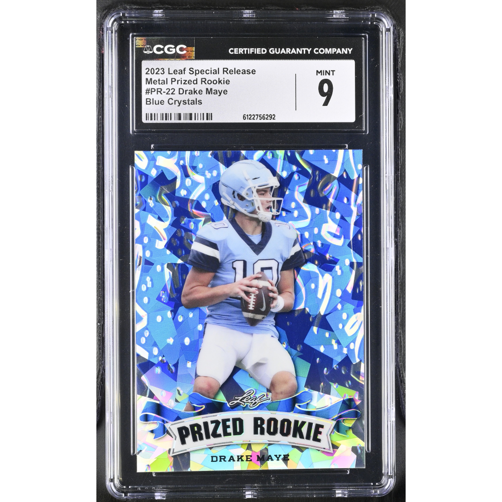 Drake Maye 2023 Leaf Special Release Metal Prized Rookie Blue Crystals #PR-22 #4/10 (CGC 9) at PristineAuction.com